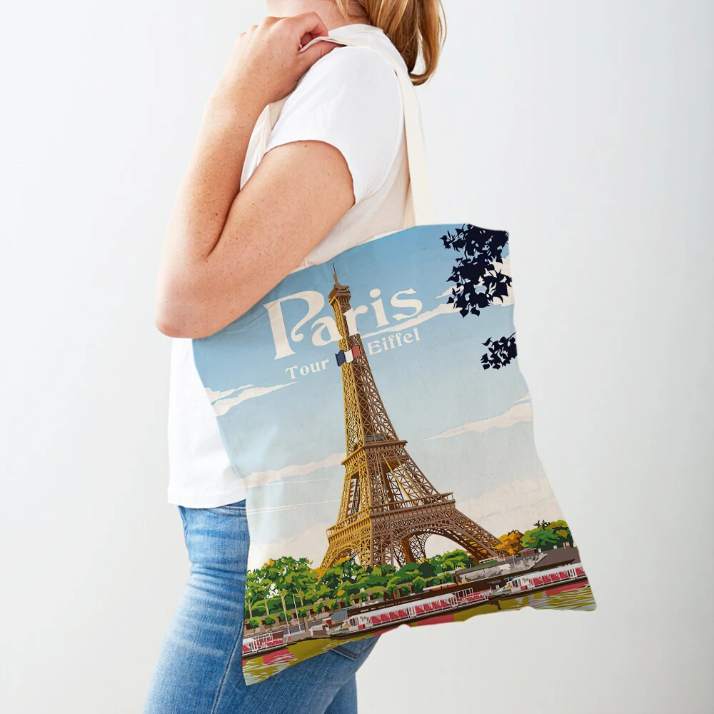 

Beautiful scenery Travel to City Women Shopping Bags Casual Canvas Handbag Art Double Print Shopper Bag Lady Tote Shopper Bag