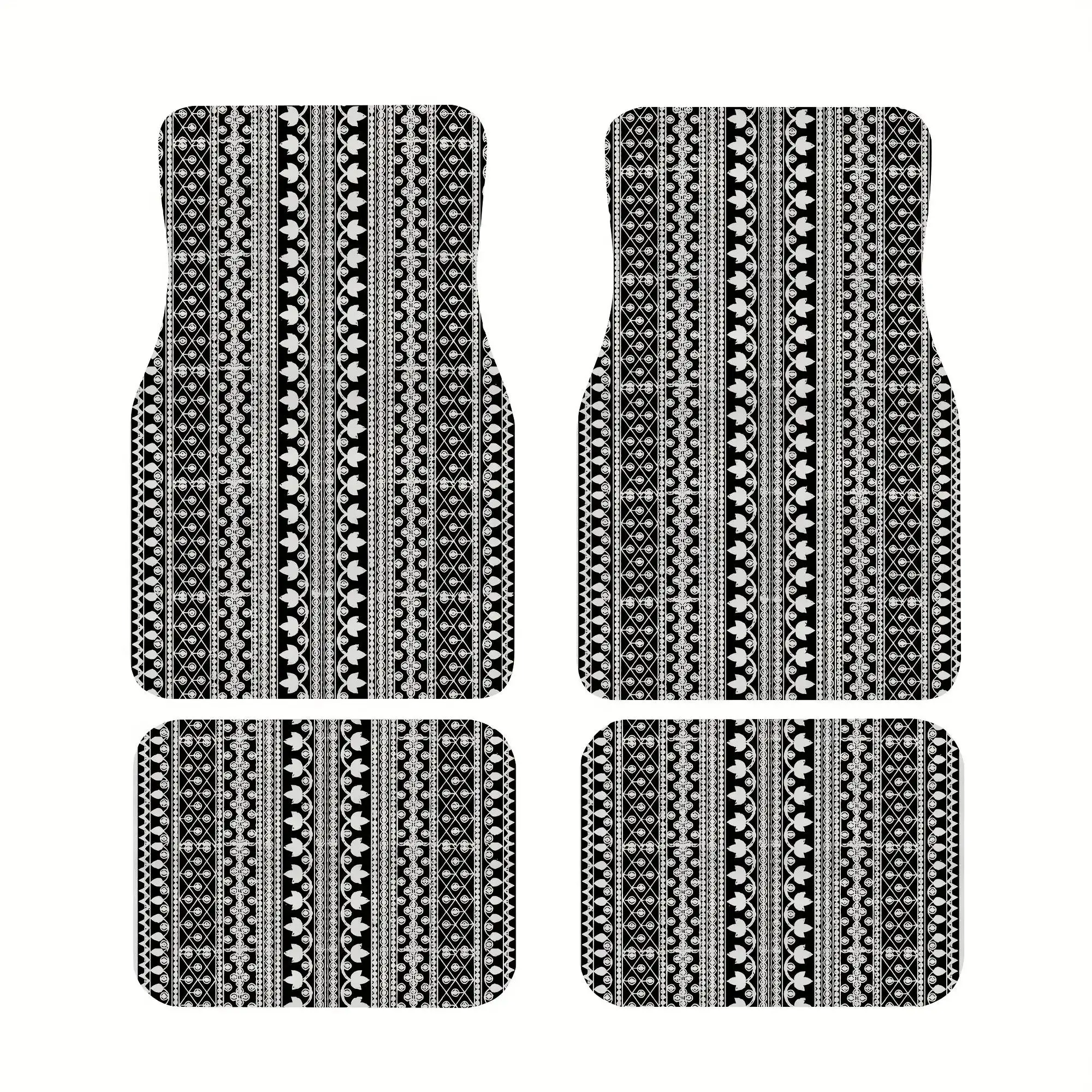 Complete Collection Of Vehicle Floor Mats (White And Black Hollow Design) And Trunk Liner Mat (Full Golden Leaf Design): Elegant