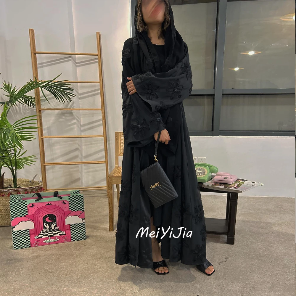 Meiyijia Evening Dress Satin O-Neck Ankle-Length Flower Long Sleeves Saudi Arabia Sexy Evening Birthday Club Outfits Summer 2024