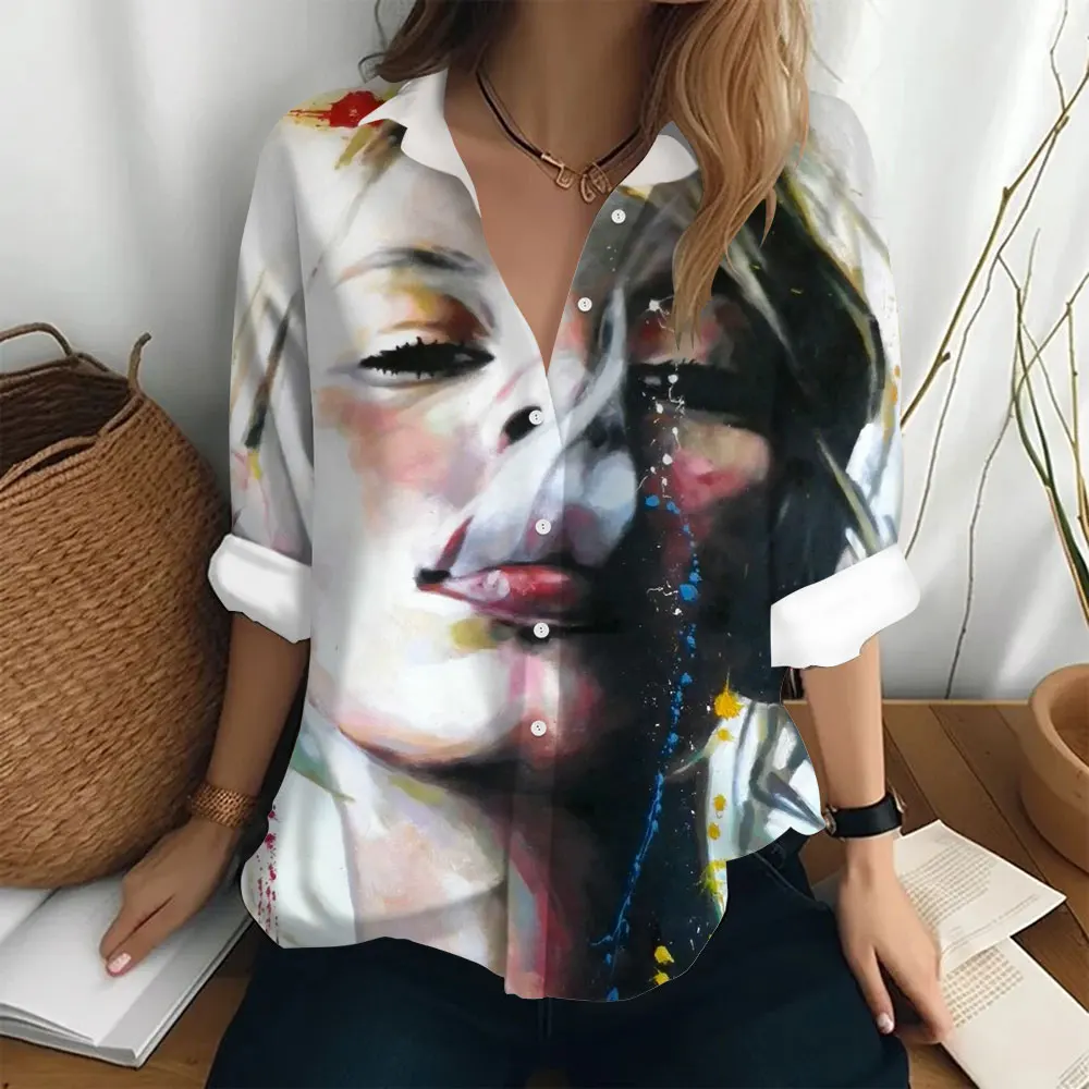 Autumn Women\'s Shirt Fashion Long Sleeve T-shirt Figure Print Loose Button Fashion Top Women\'s Polo Neck Long Sleeve T-shirt