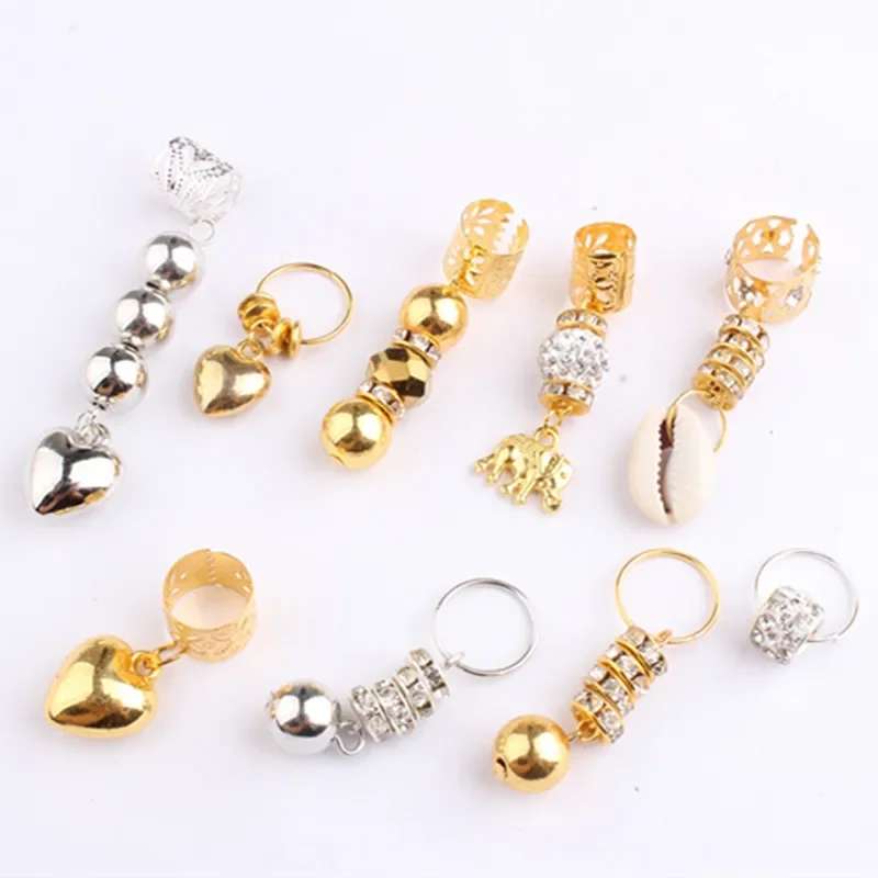 5pcs Gold Silver Metal African Hair Rings Beads Cuffs Tubes Charms Dreadlock Dread Hair Braids Jewelry Decoration Accessories