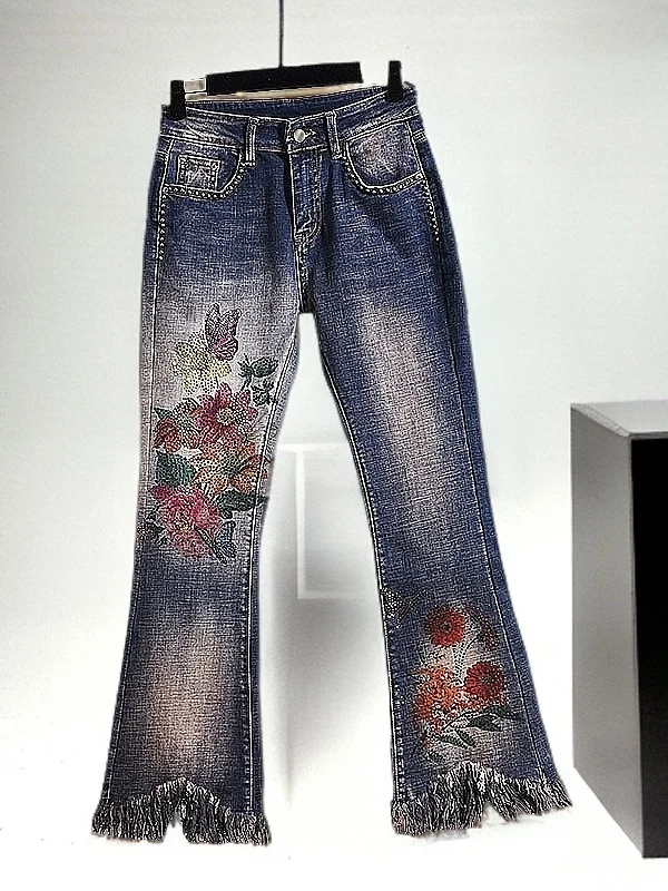 

Spring Summer Faionable Women's Bell Bot Jeans High Waist Flared Pants Embellied with Beads Slimming Tassel Detail