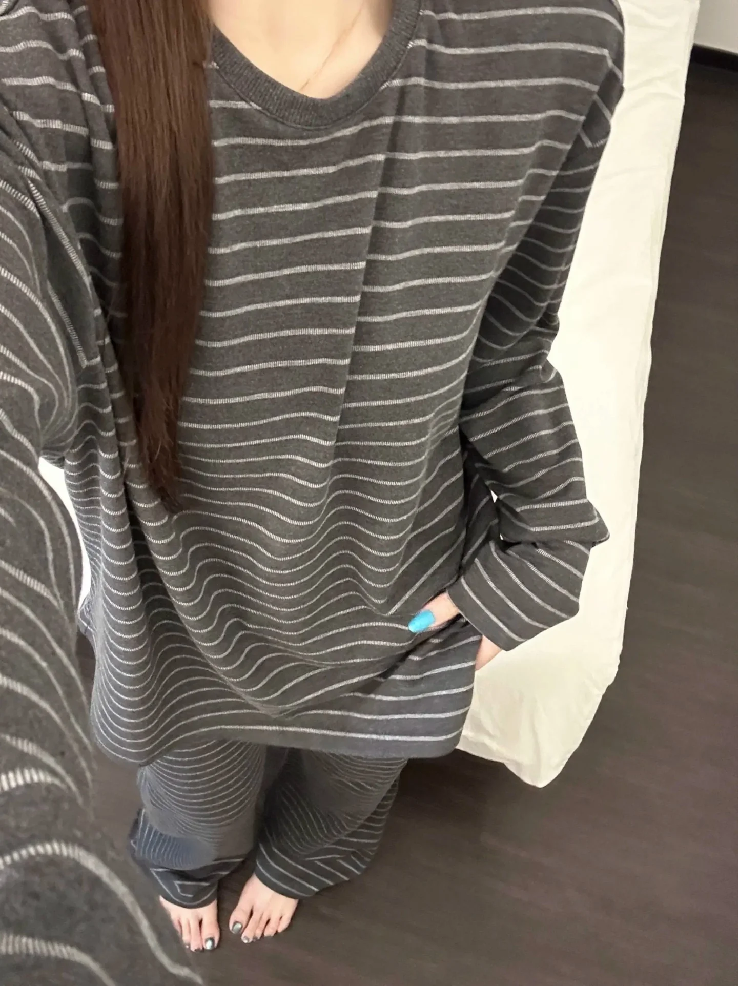 Sleepwear Women Gray White Stripe Round Neck Long Sleeve Loungewear Nightwear Korean Style Vintage Casual Pajamas Set Autumn