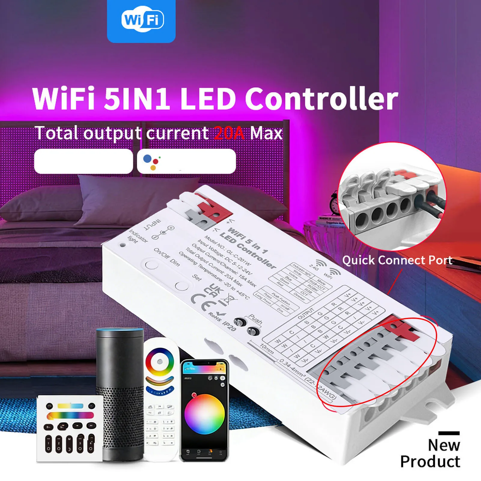 

LED Light Controller Support for Tuya Smart APP WiFi Bluetooth 2.4G 5 in 1 Strip Lamp Controller RGBCCT RGBW RGB WWCW Dimmer Mod
