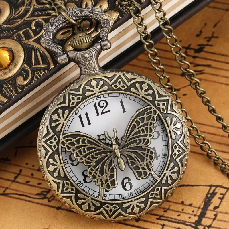Bronze Hollow Out Butterfly Cover Men Women Quartz Pocket Watch Animal Theme Watches Necklace Chain Pendant Clock Gifts Reloj