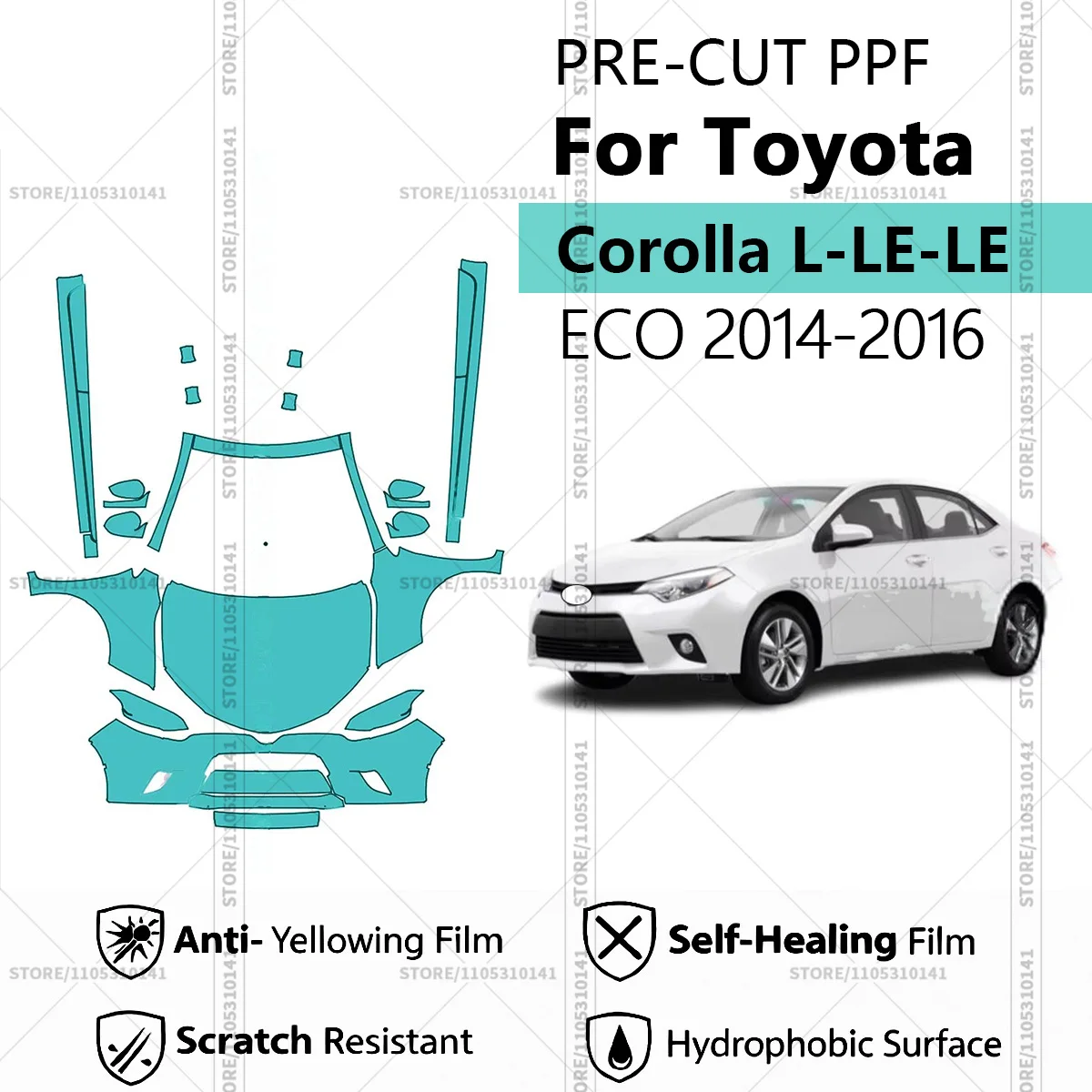 

Для Toyota Corolla L-LE-LE ECO 2014-2016: Предварительно вырезанная прозрачная защитная пленка (PPF) для автомобиля, комплект для передней части и порогов.