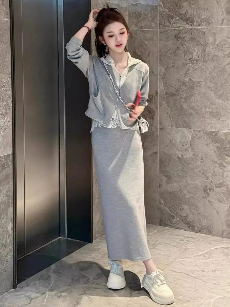 

Spring Fashion Set Ultra-Cool Lace Hoodie Skirt Sporty Casual Two-Piece Set Anti-Aging Trendy Style Polyester Fiber Long...