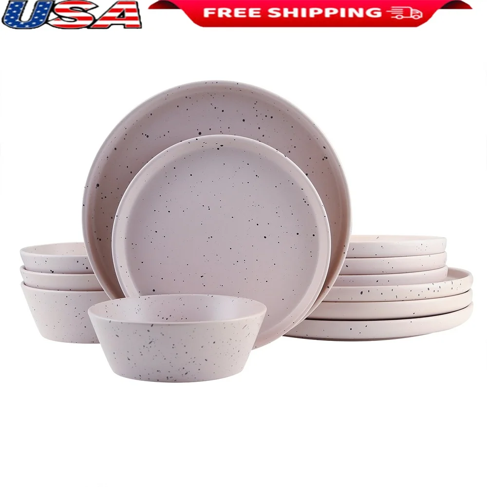 

12-Piece Dinnerware Set Service 4 Dishwasher Microwave Safe Speckled Stoneware Plates Bowls Casual Dining Table Decor