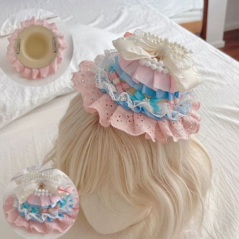 

Original Handmade Sweet Cream Cake Top Lolita Small Gift Hat Pearl Lace Bow Birthday hat for Women & Girls KC Cute Hair Clip