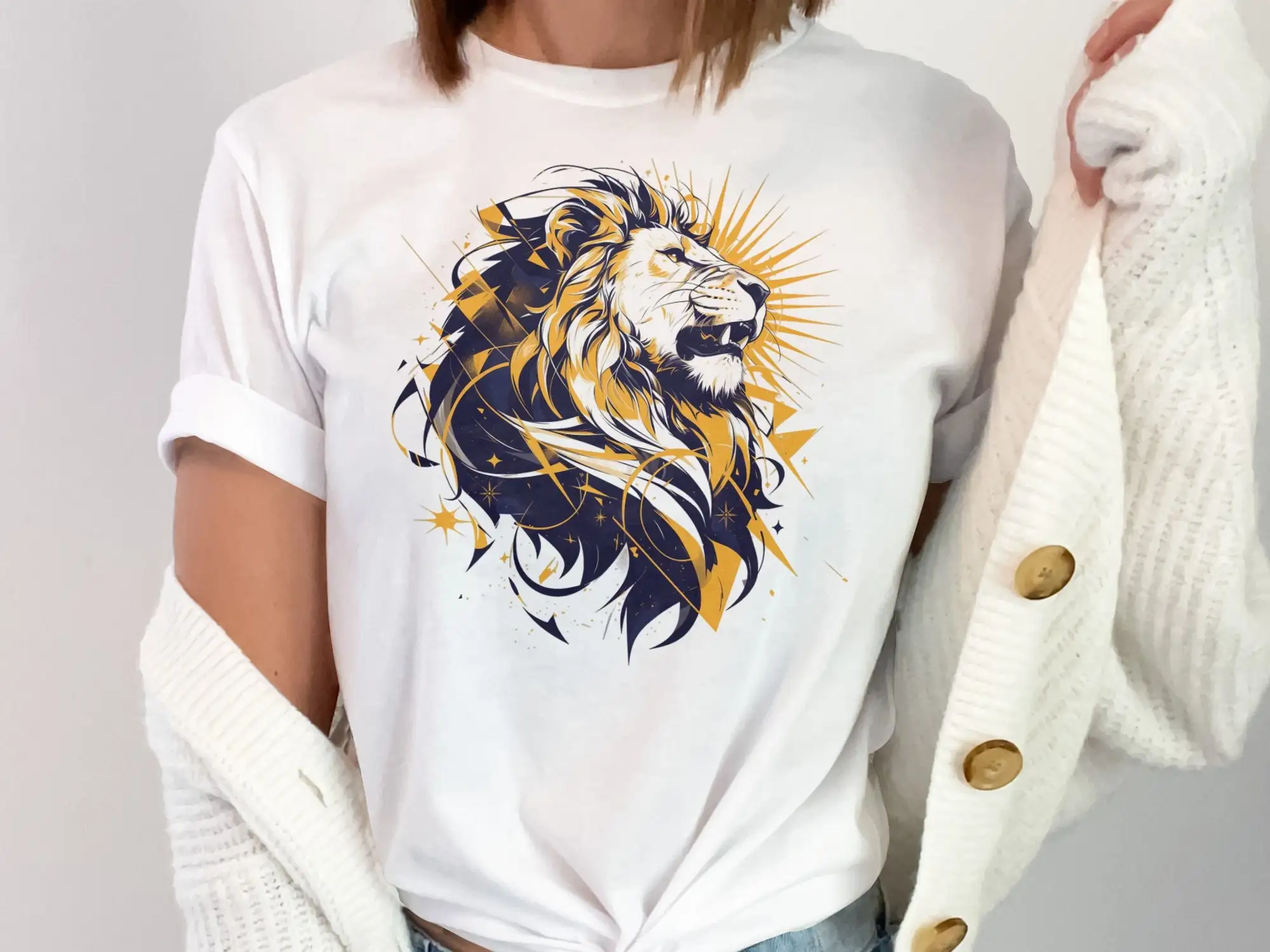 Bold Lion Illustration T Shirt Fierce Head Design Artistic Print Wild Animal