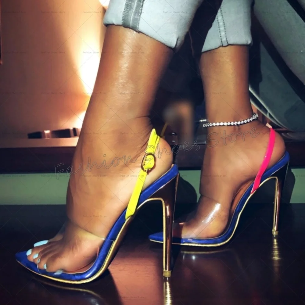 

Mixed Color Pointed Toe PVC Sandals Buckle Strap for Women Thin High Heels Fashionable Dinner Party 2025 Zapatos Para Mujeres