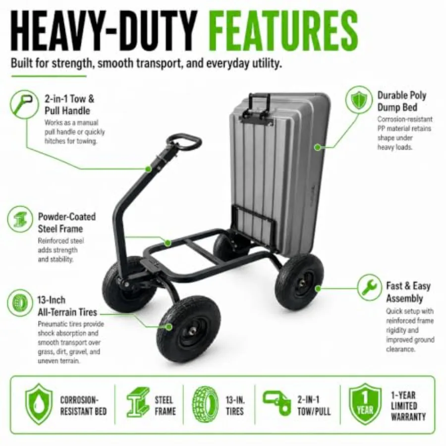 Poly Dump Cart for garden utility use, polyethylene material, black color, heavy-duty towable with 6 cu. ft. dump bed and 13-in