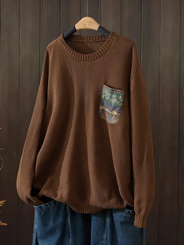 เสื้อสเวตเตอร์ถักไหมพรมหลวมๆ สำหรับผู้หญิง ฤดูใบไม้ร่วง 2025 ผ้าฝ้ายลายดอกไม้แบบปะติด  ลำลอง ไซส์ใหญ่ คอกลม  ผ้าเนื้อนุ่ม