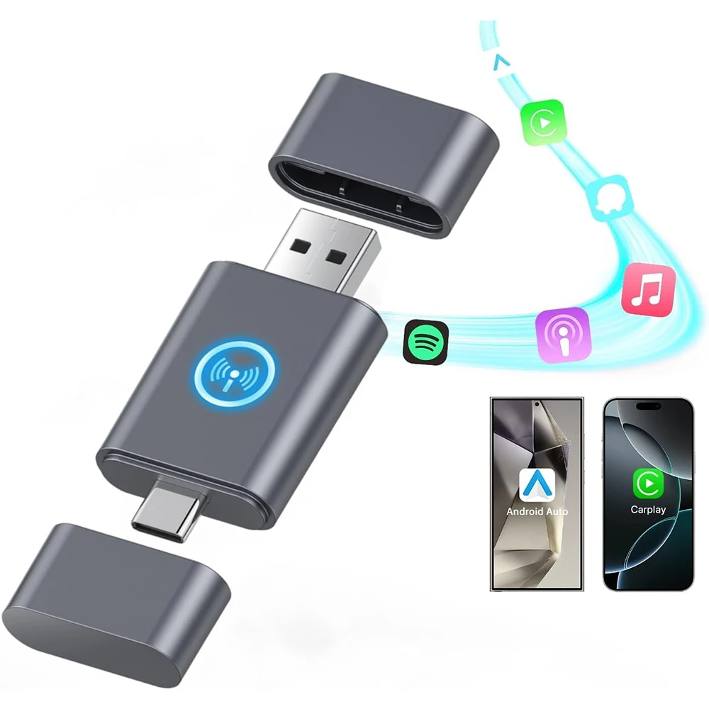 2 in 1 Mini Android Auto and Wireless USB CarPlay Adapter Convert Factory Wired to Wireless Dongle for iOS 12+/Android No Delay