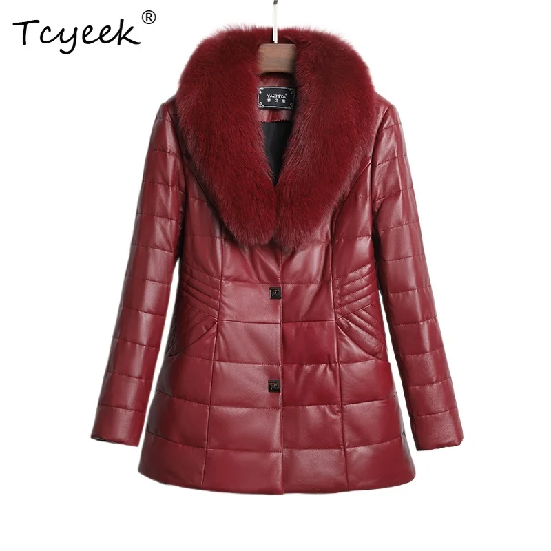 

Tcyeek Осенне-зимняя женская куртка из овчины с v-образным вырезом и толстым длинным рукавом средней длины, белая куртка на утином пуху Casacas Para Mujer Invierno