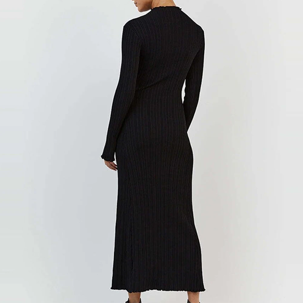 Women's European And American Style Knitted Fungus Dress Autumn Winter High Collar Slimming Long Skirt