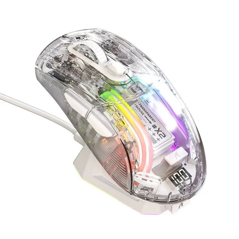 PARA Attack Shark X2 Pro Mouse Bluetooth de carregamento magnético, tri-modo, luzes RGB, transparente, indicador de bateria, telefone de computador