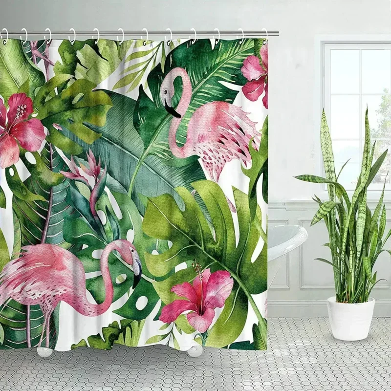 

ZHL22 тропические джунгли зеленое растение занавеска для душа фламинго животное природа акварельный пейзаж декор для ванной комнаты с крючком полиэстер2Ol%
