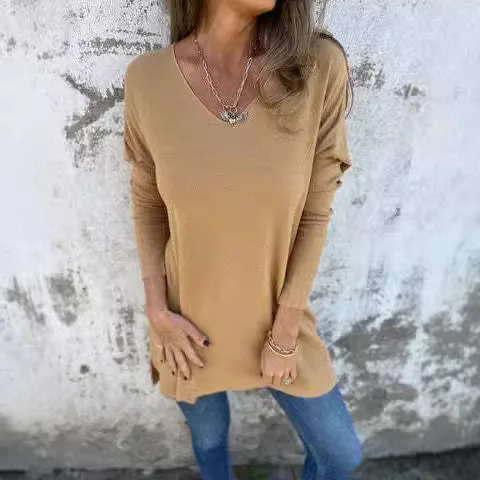 Tops Women Mid Length Top V Neck Full Sleeve Solid Shirt Y2k Streetwear Elegant Casual Work Slim Fit Pullover Basic 2026 Autumn