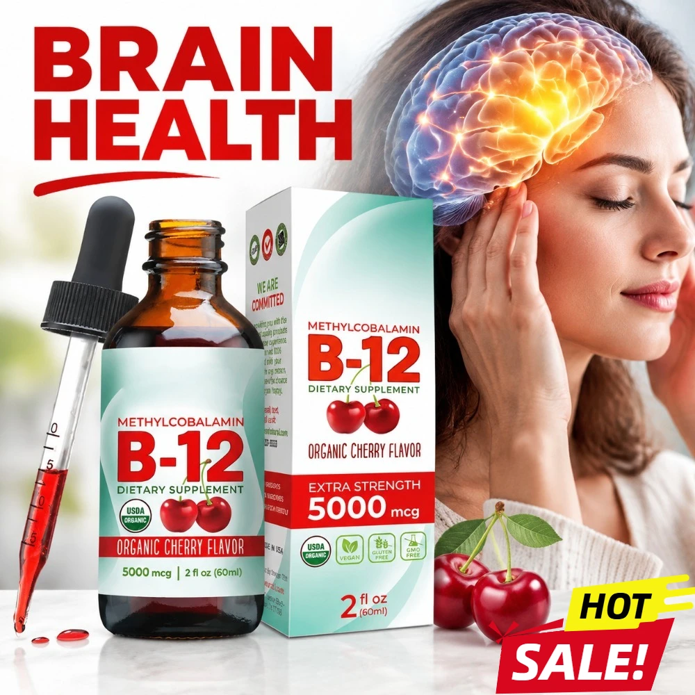 Vitamin B12 Liquid Drops, Supports Brain Health, Mental Clarity & Mood with 5000mcg Methylcobalamin 60 ml Organic Cherry Flavor