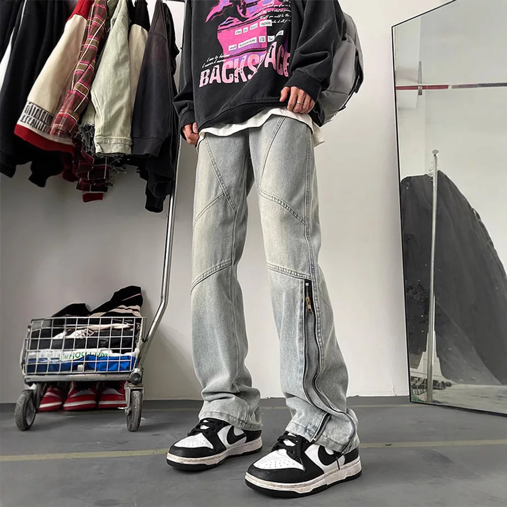 American Retro Flared Zipper Jeans For Men, Loose Straight Fit, Spring And Autumn Trendy Brand, Stylish Casual High Street Pants
