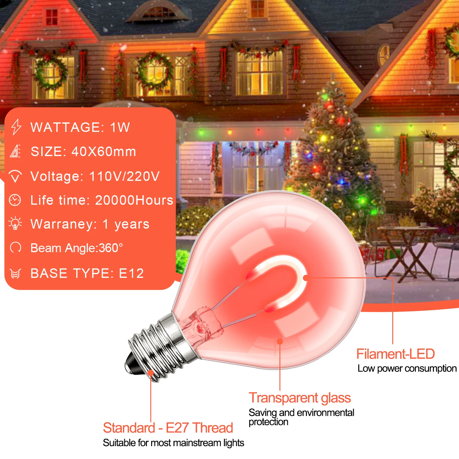 25PCS Color Led Bulb G40 RGB String Light Garland Replacement Bulb E12 Candelabra Base 1w Decorative Colorful Led Filament Bulbs