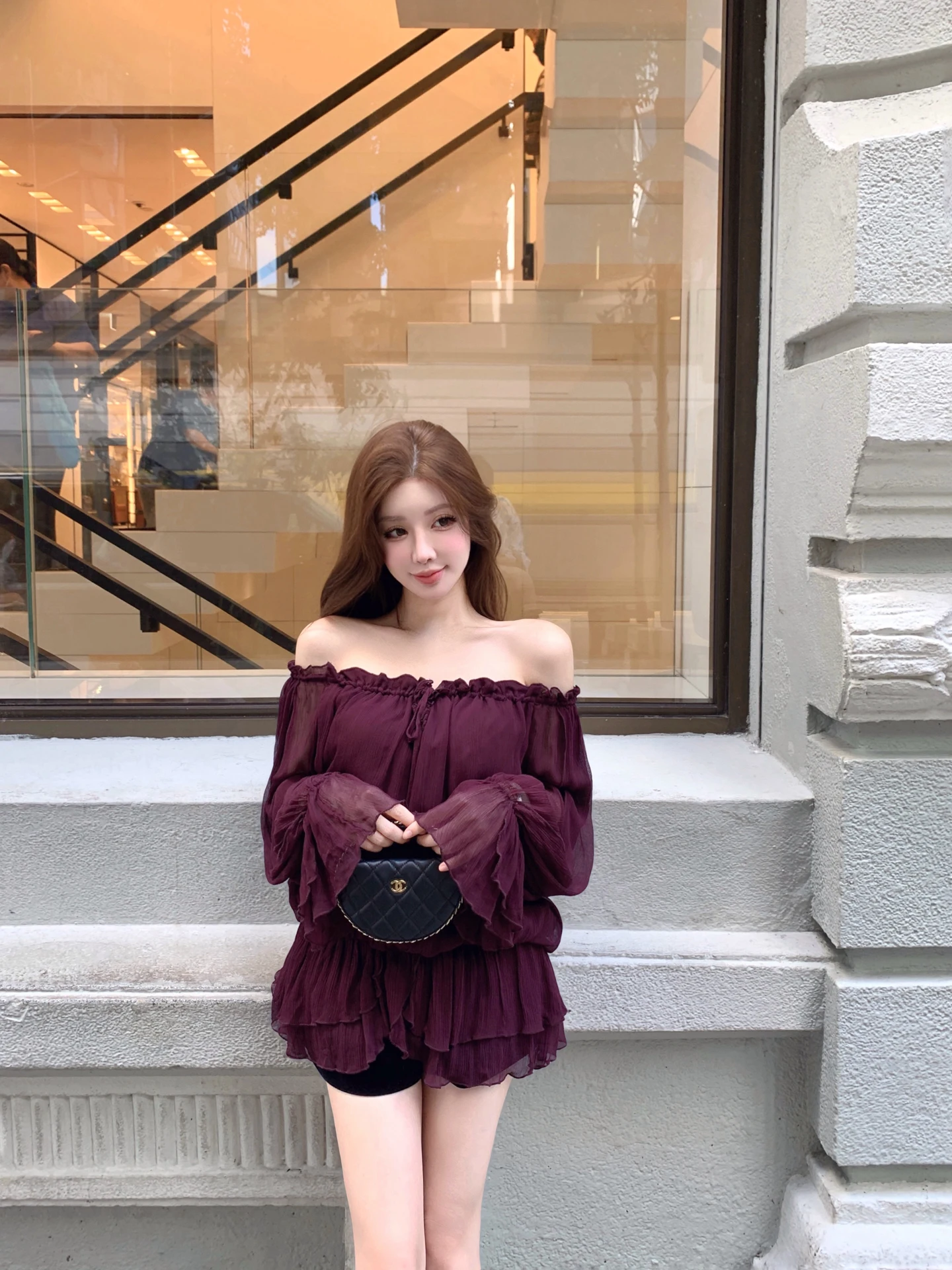 

Ele Long Sve Purple Silk Imitation One oulder irt Women's Faion Spring Autumn Pure Color Casual Busin Office