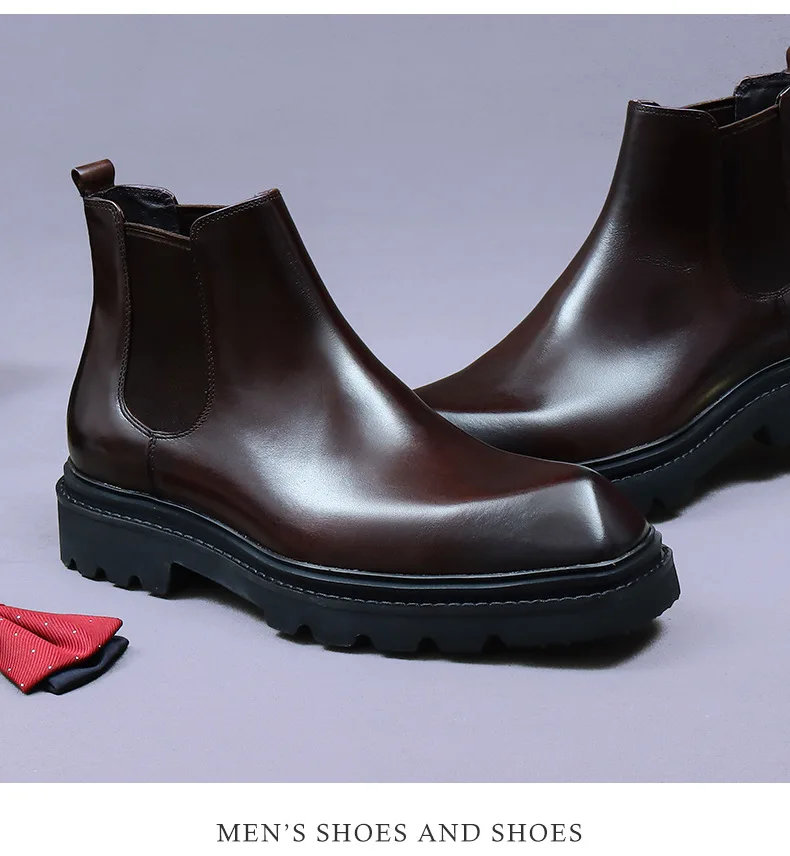 

Men's High-Top Chelsea Boots Breathable Mid-Top Ankle Boots Trend Genuine Leather Work Boots Thick-Soled Height-Increasing Shoes