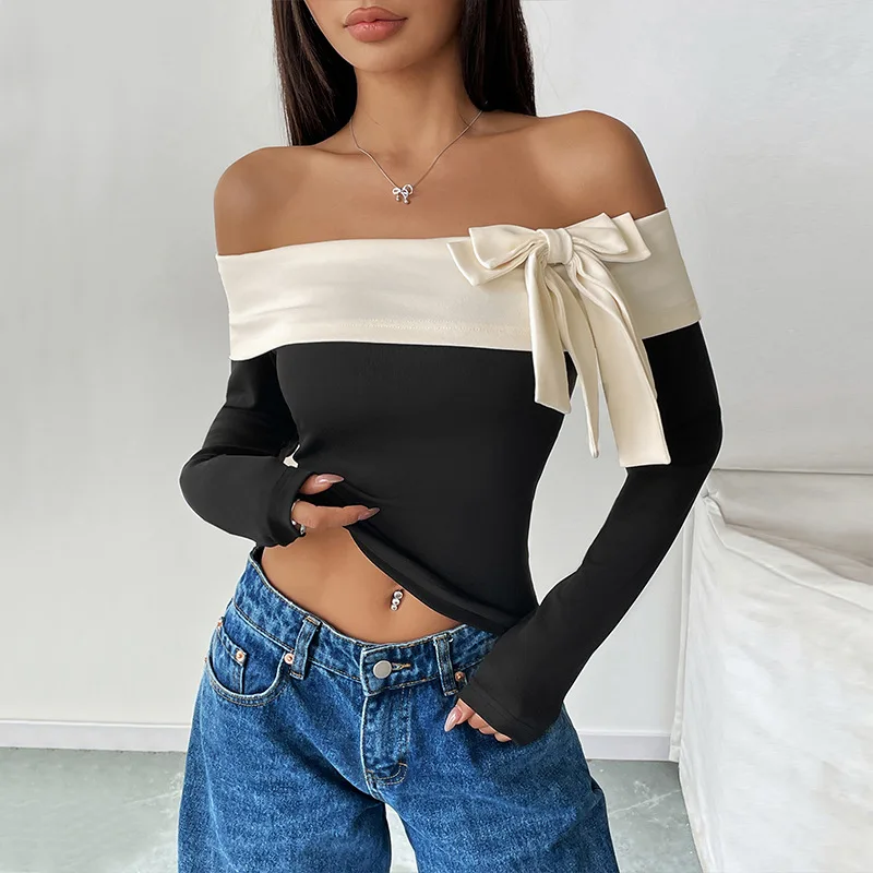 Off-shoulder One-shoulder Neck Bow T-shirt 2025 New European and American Top for Women