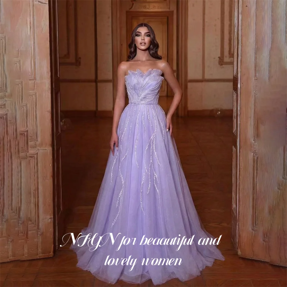 Vestido de Fiesta Lila NFYN, Vestido de Noche sin Tirantes ni Mangas, con Lentejuelas y Bordados, Vestido de Gala Línea A para Mujer, Personalizado