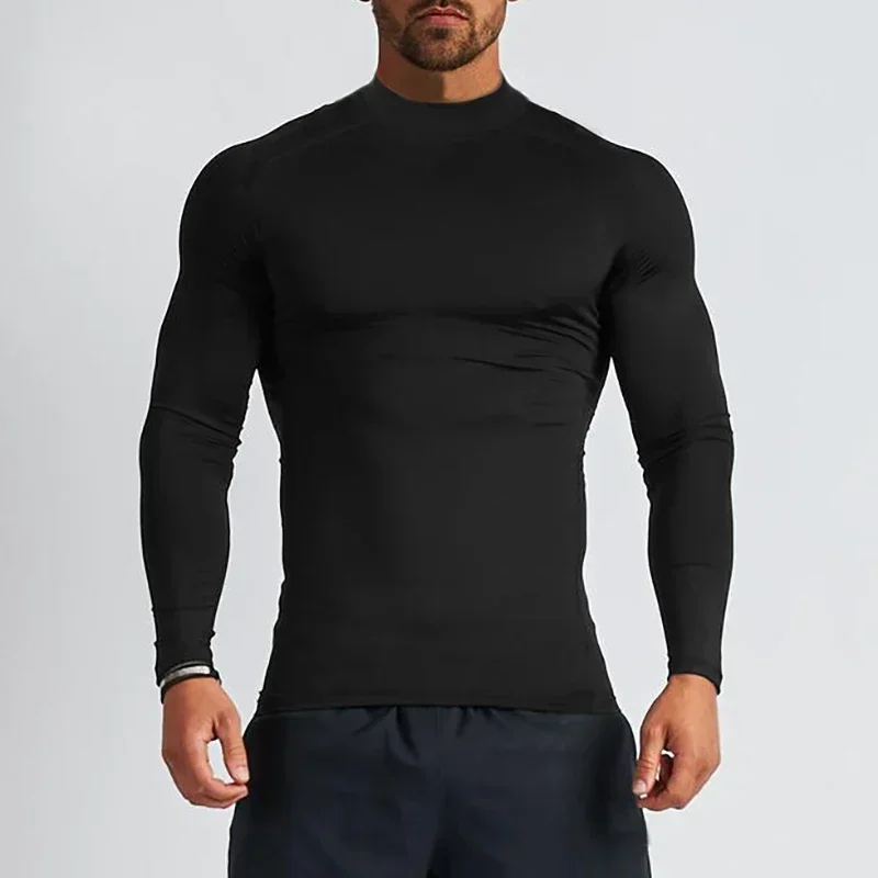 Men\'s Turtleneck Quick dry Long-Sleeved Compression Long Sleeved Sports Fitness Tight T-shirt Running Casual Spring and Autumn