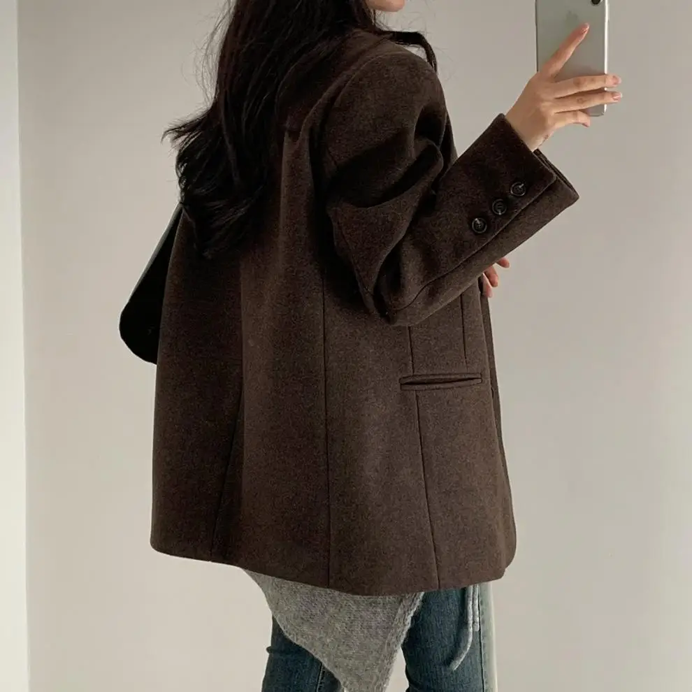 Lapel Wool Blazer for Women Loose Fit Solid Color Thick Long Sleeve Overcoat Autumn Winter Single Breasted Casual Suit