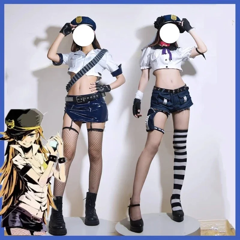 Panty & Stocking with Garterbelt Panty Anarchy Cosplay Costume Police Uniform Hat Shorts Necklace Belt Fishnets Wig For Women