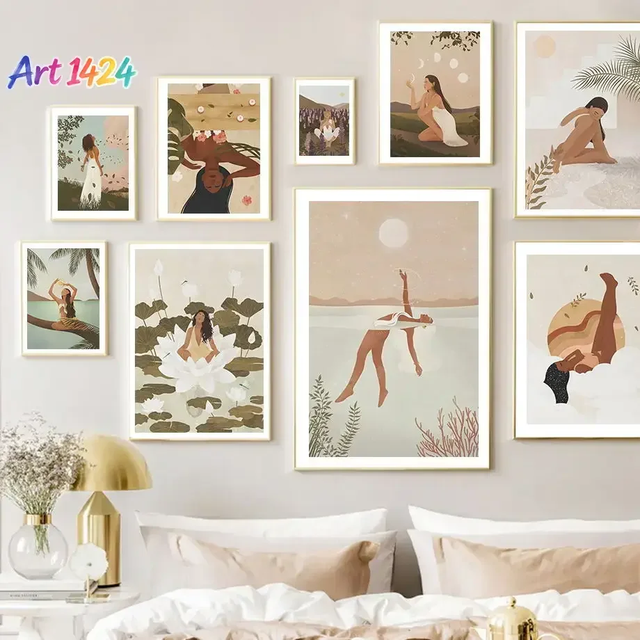 Boho African Girl Divination Swimming Yoga Vintage Wall Art Print Canvas Painting Nordic Poster Pictures For Living Room Deco
