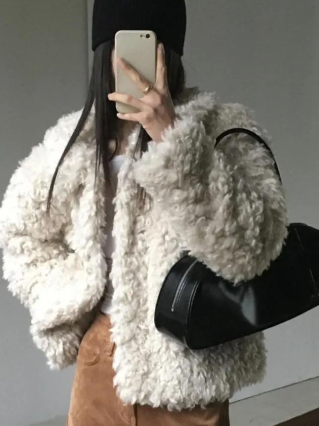 

Korean Sle Women's Winter Faion Coat Loose Fit Curling Hair Design Versatile Casual Ele Anti-Aging Long Coat