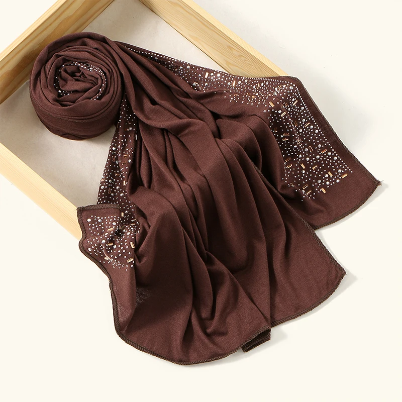 Ramadan Muslim Shimmer Rhinestone Jersey Cotton Hijab Scarf for Women Solid Headscarf Shawl Wrap Islamic Headband Turban Bandana view 5