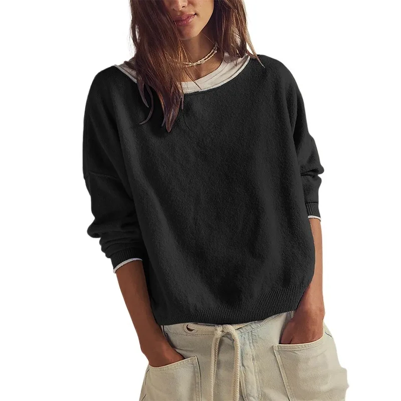 

Autumn winter round neck tops color blocked knitted sweater women loose pullover sweaters