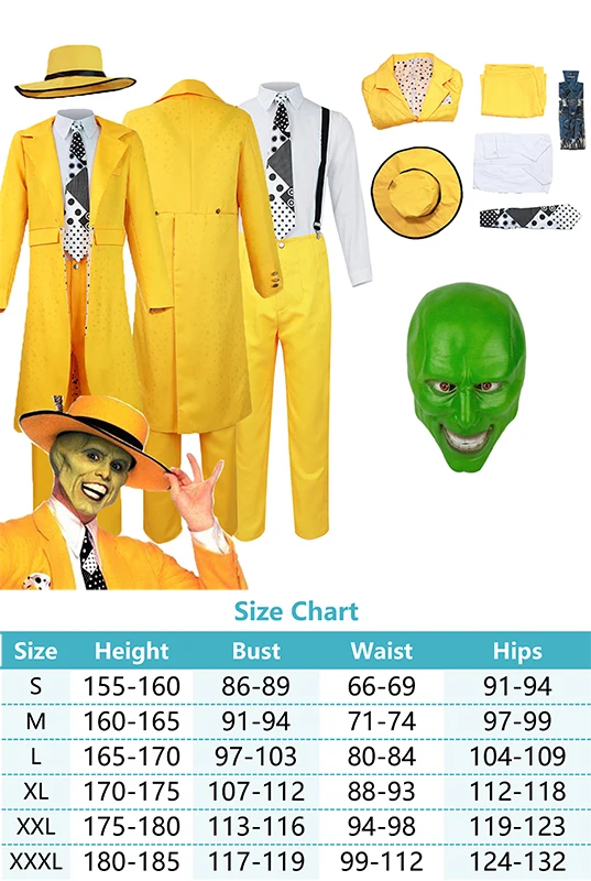 Movie The Mask Cos Jim Carrey Cosplay Costume Outfits Mask Yellow Clothes Outfits Halloween Carnival Party Suit For Men Roleplay