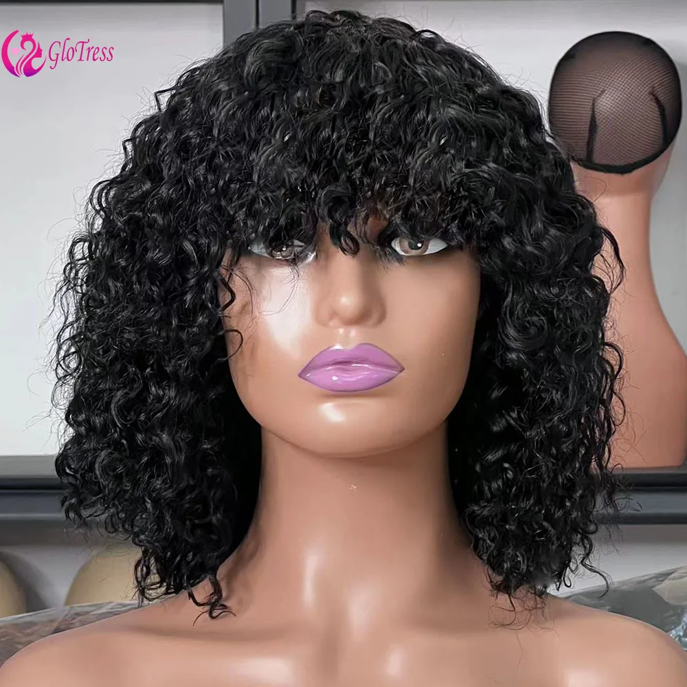 

High-Quality 12A 200% Density Water Wave Bob Wig with Bangs Full Head Cover Real Hair Mechanism Highlight Blonde for Women