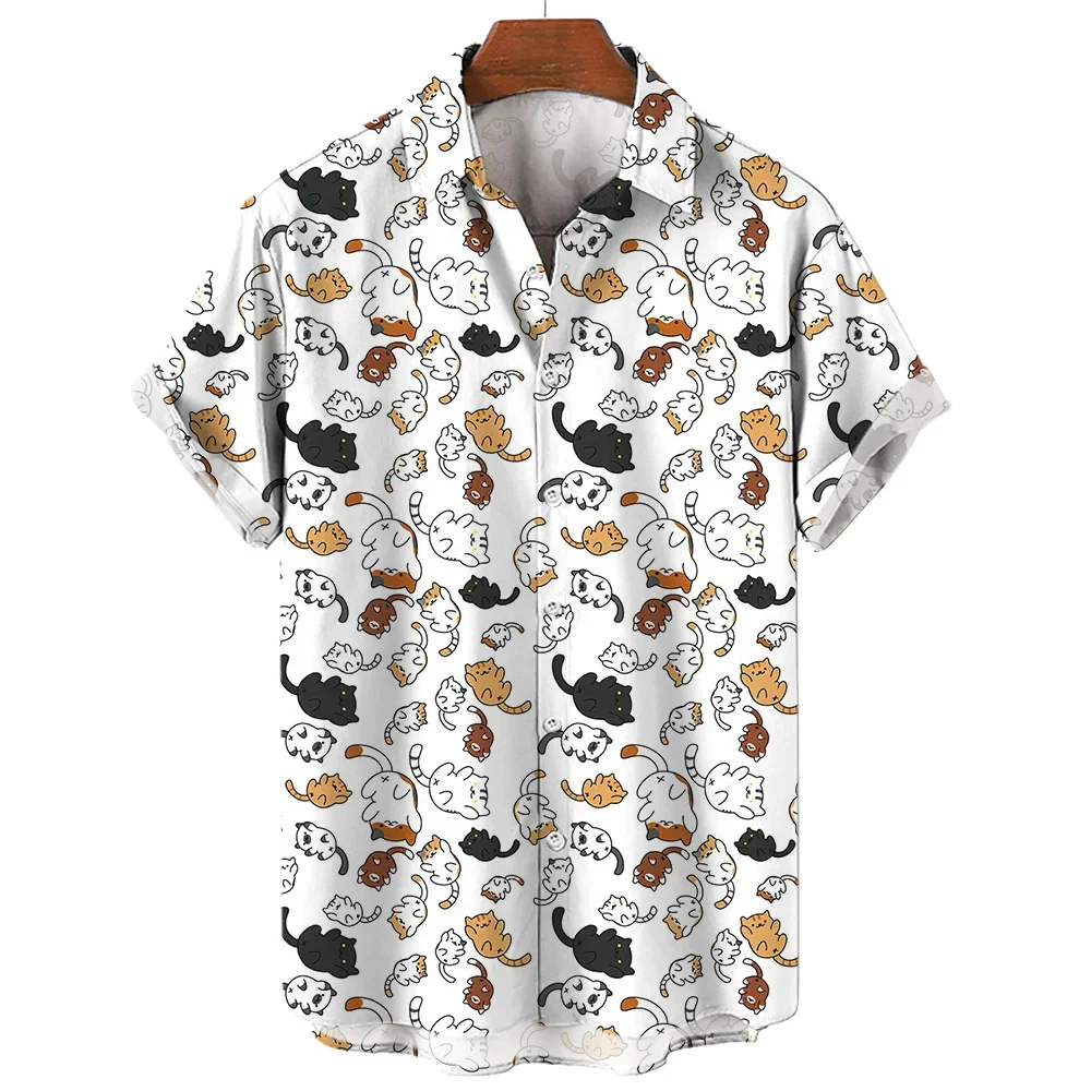 Cartoon Cat Shirts Short Sleeve Korean Clothes Summer Shirt Clothes Lapel Button Tops Outdoor Men's Comfortable Versatile