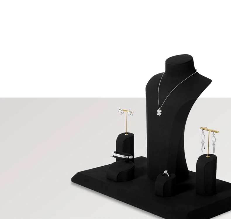 Oirlv Schwarzes Mikrofaser-Schmuck-Display-Set mit Metallständer für Halsketten, Ohrringe, Armreifen und Ringe – Detail 4