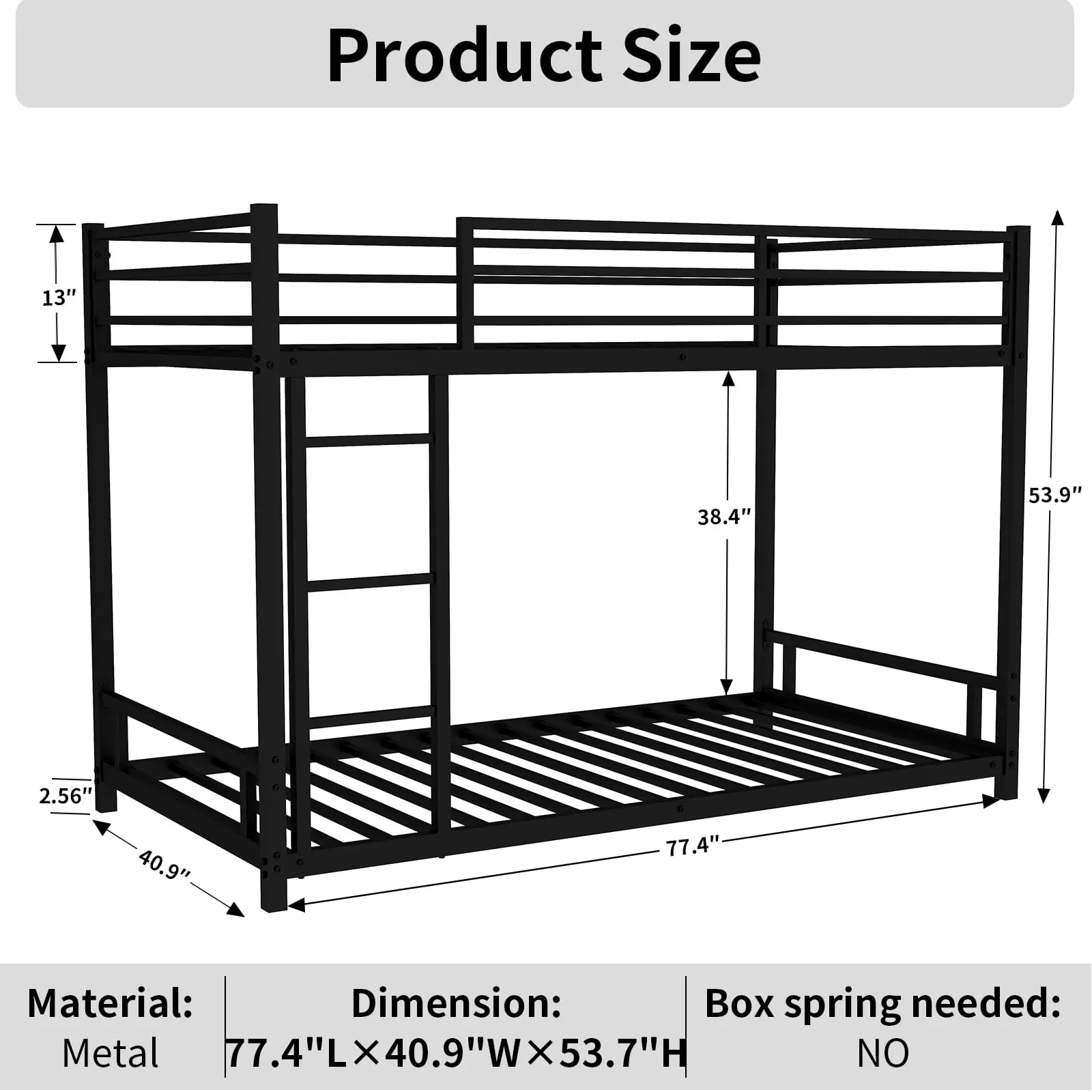 Bunk Bed Twin Over Twin,54-inch High Metal Low Bunk Bed Frame With 11-inch High Guard Rails,Convertible Bed Ladder