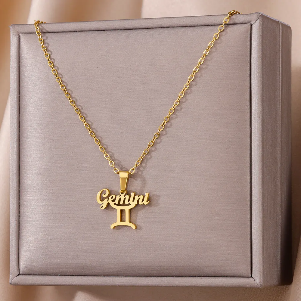 Capricorn Aquarius Aries Necklaces for Women Gold Color 12 Sign Stainless Steel Necklace 2023 Trend Constellation Couple Jewelry