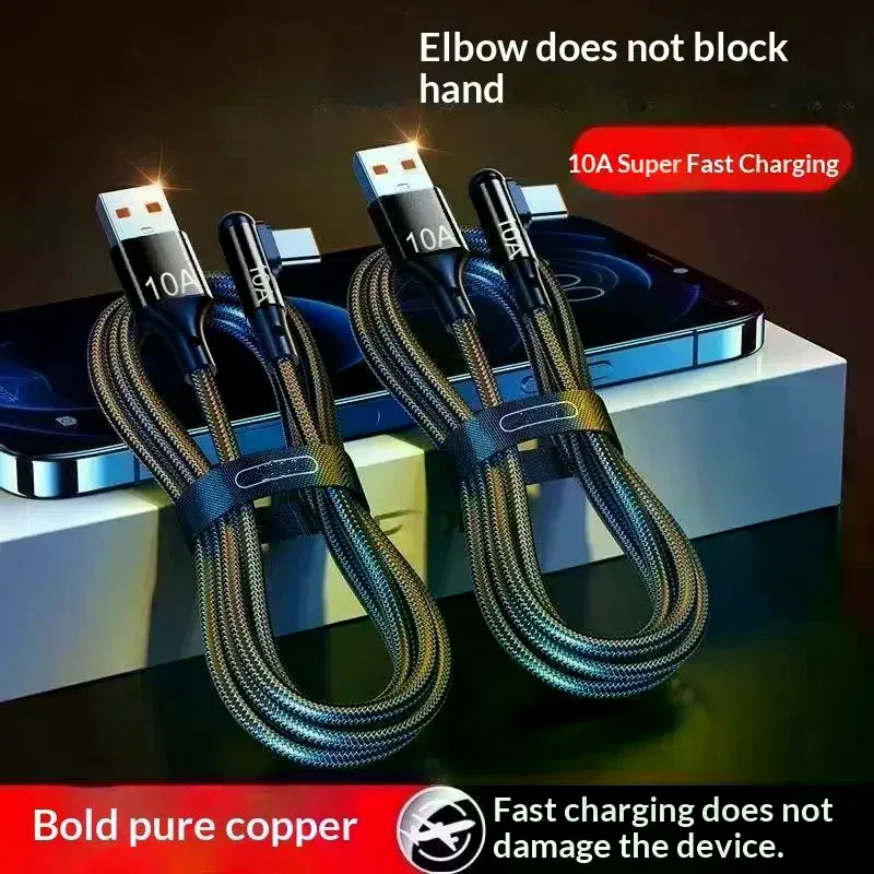 Type C Charger Cable 90 Degree Right Angle Type-c Data Line 240W 10A Quick Charging Nylon Wire Cord For Most Brand Phones USB