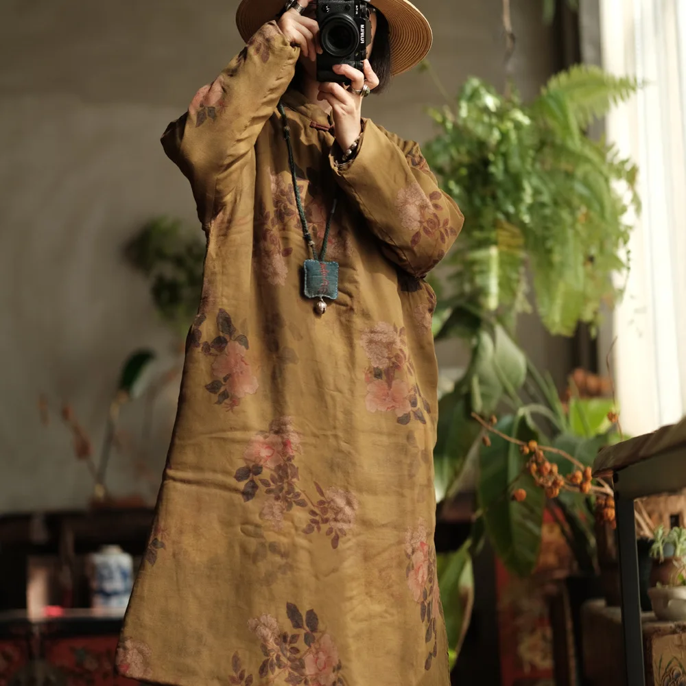 Literary Retro Vintage Printing Warm Dress Women High Quality Cotton Padded Loose A-Linen Winter Dresses Cotton Ramie Vestidos