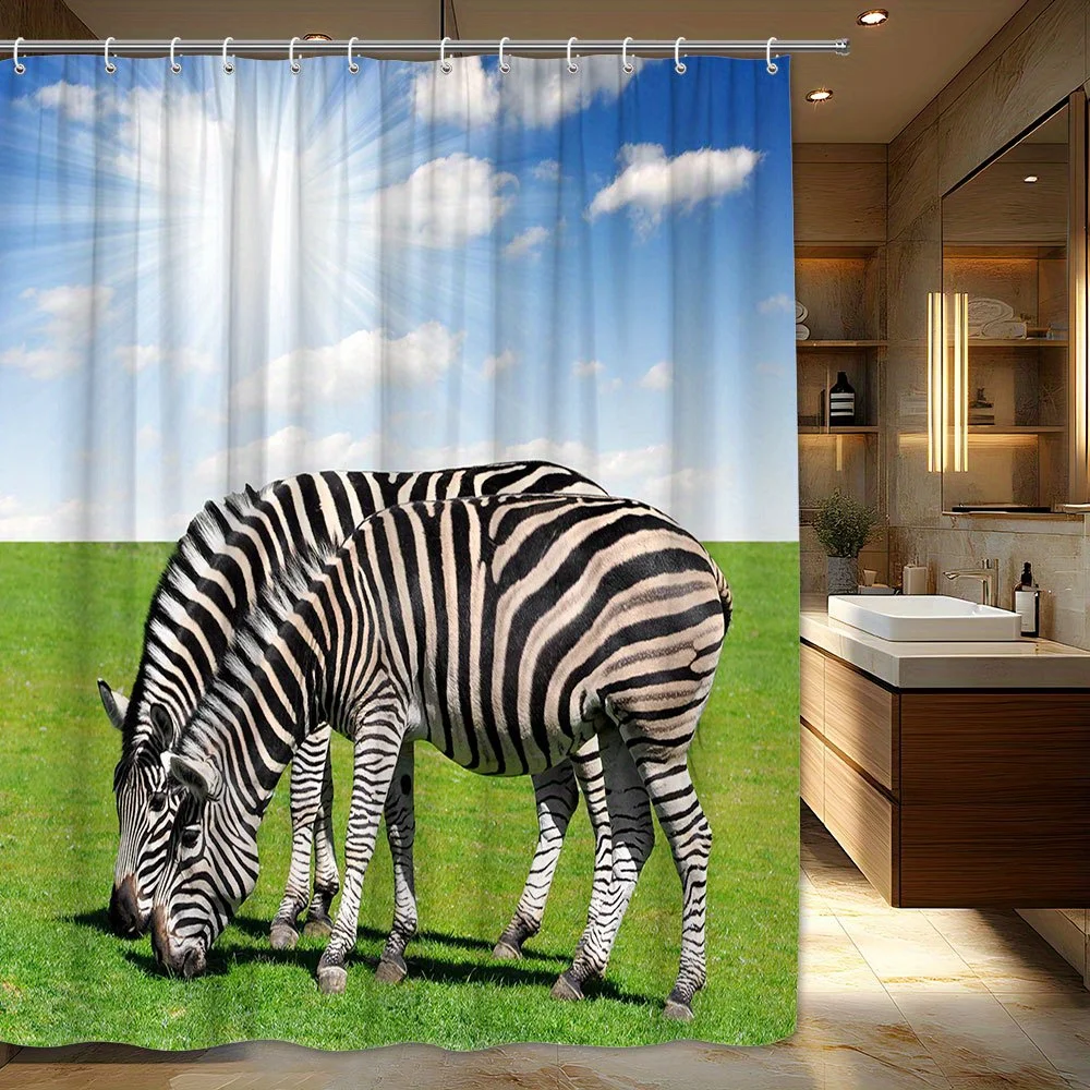 

1pc Zebra Shower Curtain with 12 Hooks - Black-and-White Striking Zebra Design on Lush Green Field, 70. 87x70. 87 Inches, Polyes