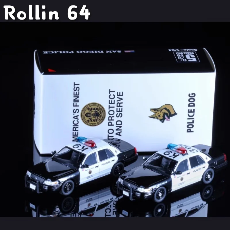 1:64 em estoque CV San Diego Police K9 carro de cachorro de polícia Victoria Crown liga modelo de carro de simulação fundido, estatueta para adultos, brinquedo para meninos