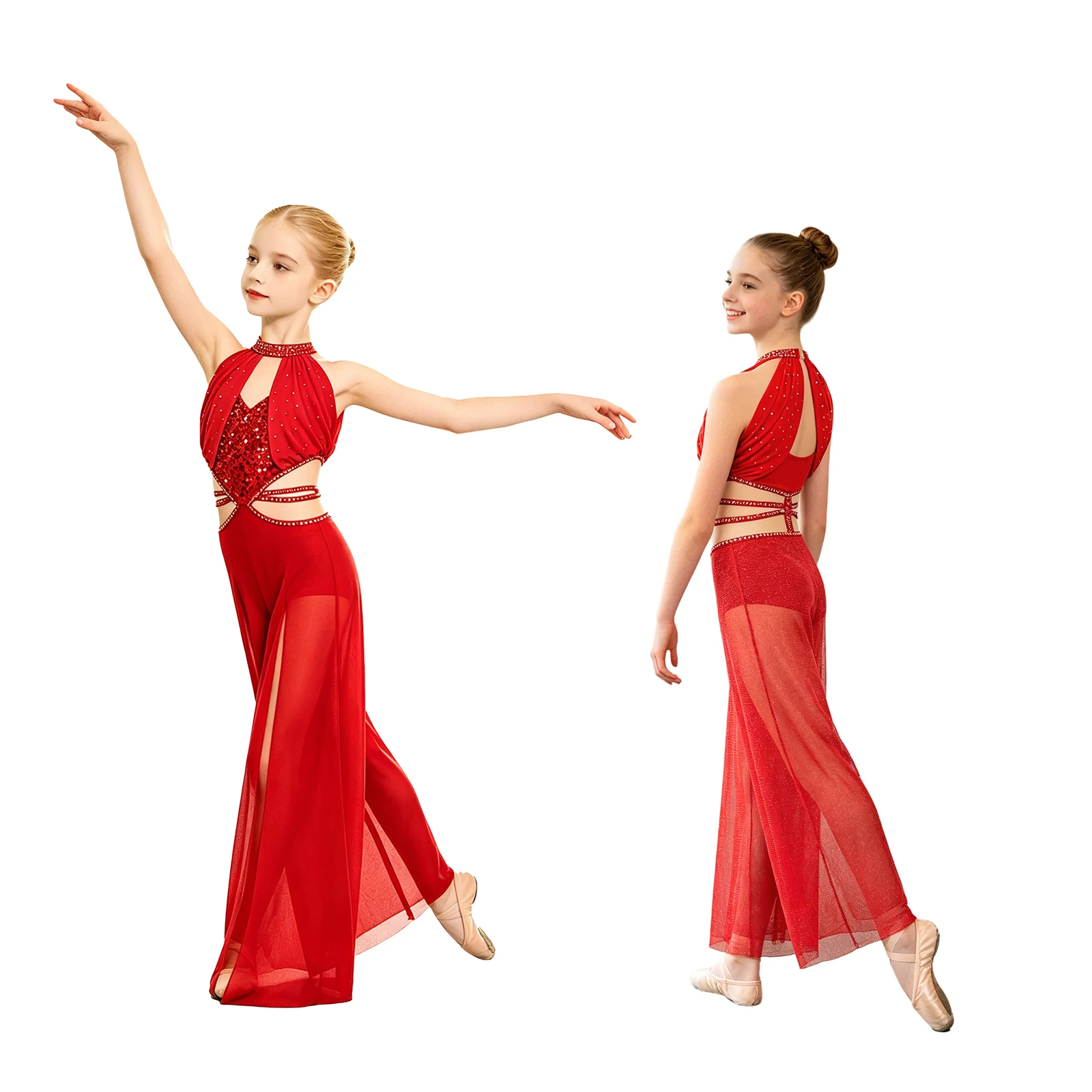 Girls Shimmery Sheer Mesh Modern Lyrical Dance Jumpsuit Ballet Gymnastics Skating Acrobatics Bodysuit Built-in Briefs Dancewear