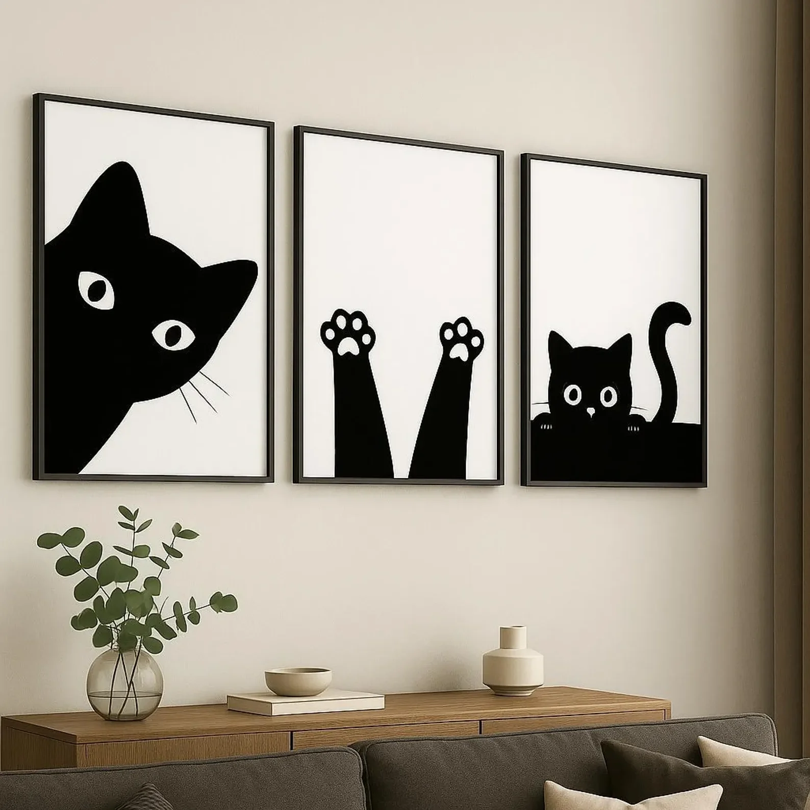 3pcs frameless Canvas Painting 3PCS  Minimalist Black Cat Art Prints  Peeking Cat Trio Wall Art  Modern Pet Poster  Canvas Paint