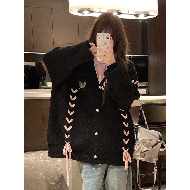 Women Autumn Korean Preppy Style Loose Lacing V-neck Long Sleeve Knitwear Women Clothes Fashion All-match Knitting Cardigan Coat